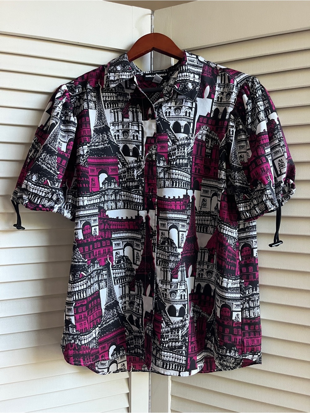 Karl Lagerfeld Short-Sleeve Button-Up Shirt in Magenta, Black & White